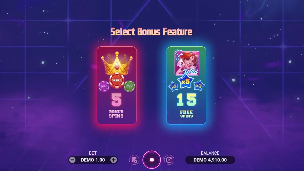 Tampilan visual futuristik dari slot Luck Reactor dengan simbol neon dan elemen retro.